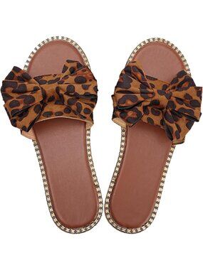 Women's Leopard Bow Knot Slides Open Toe Flat Sandals Slip On Beach Shoes